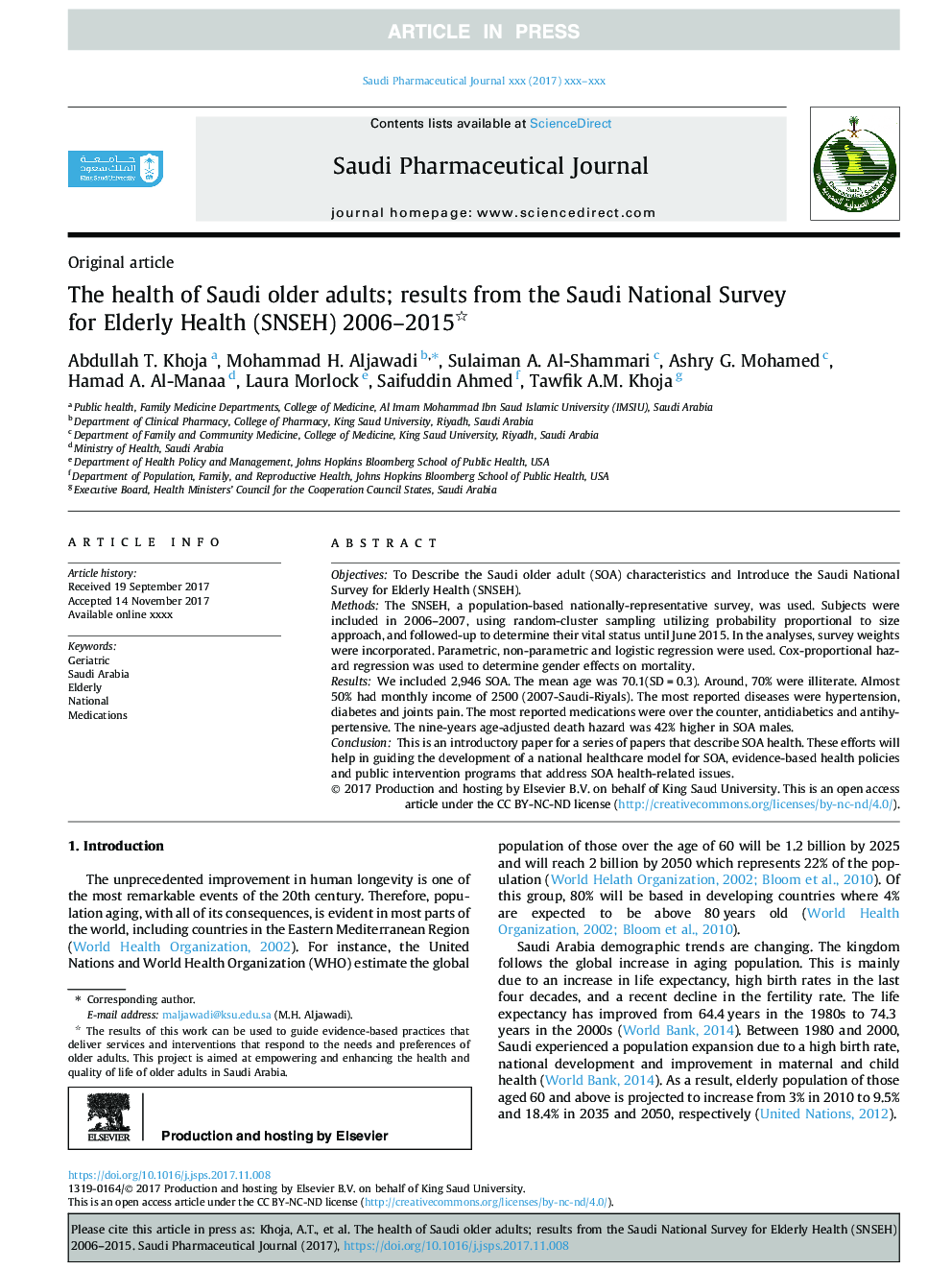 The health of Saudi older adults; results from the Saudi National Survey for Elderly Health (SNSEH) 2006-2015