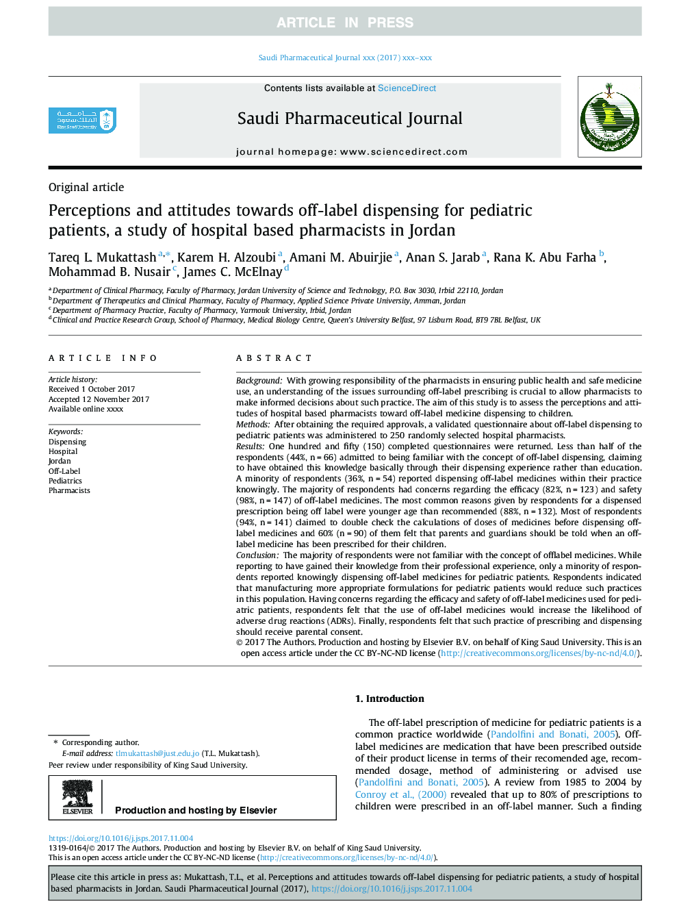 Perceptions and attitudes towards off-label dispensing for pediatric patients, a study of hospital based pharmacists in Jordan