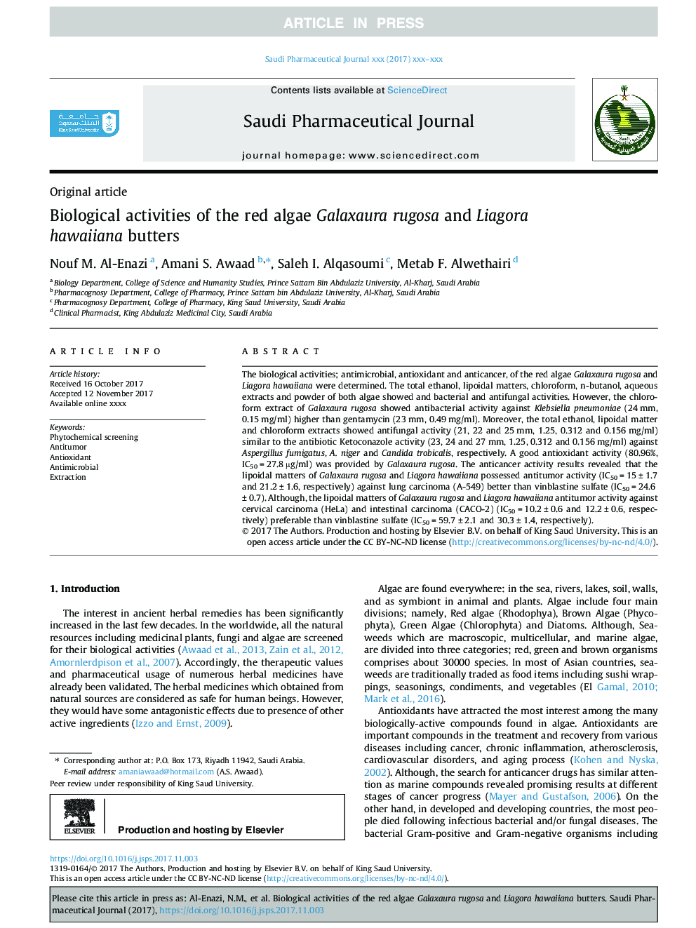 Biological activities of the red algae Galaxaura rugosa and Liagora hawaiiana butters