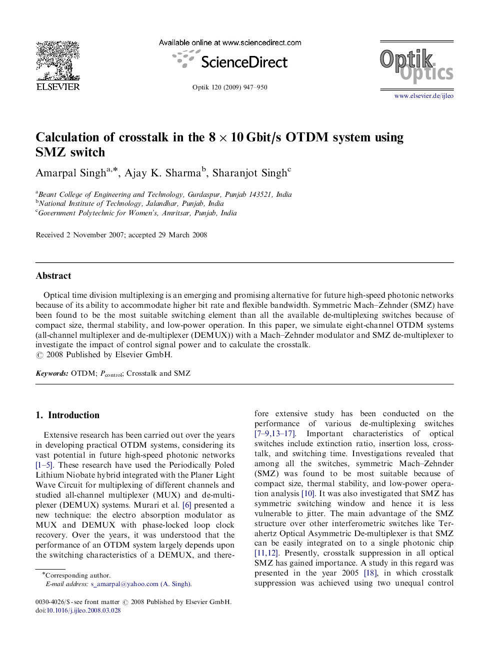 Calculation of crosstalk in the 8×10 Gbit/s OTDM system using SMZ switch