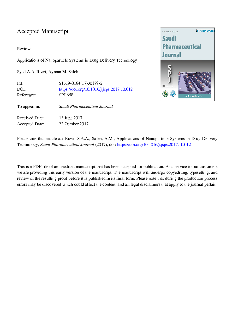 Applications of nanoparticle systems in drug delivery technology