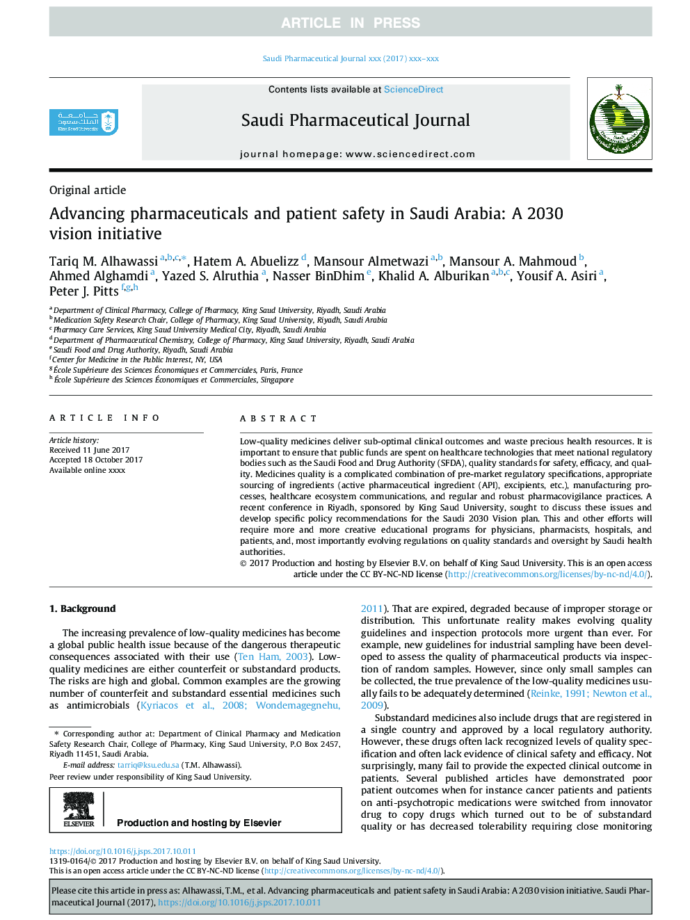 Advancing pharmaceuticals and patient safety in Saudi Arabia: A 2030 vision initiative