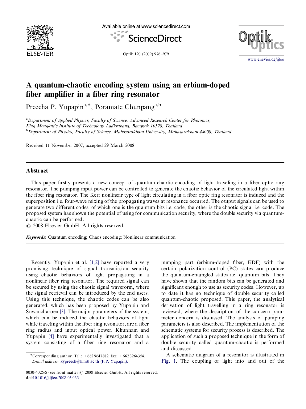 A quantum-chaotic encoding system using an erbium-doped fiber amplifier in a fiber ring resonator