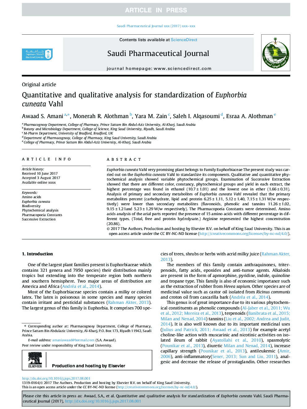 عکس صفحه اول مقاله: Quantitative and qualitative analysis for standardization of Euphorbia cuneata Vahl Quantitative and qualitative analysis for standardization of Euphorbia cuneata Vahl