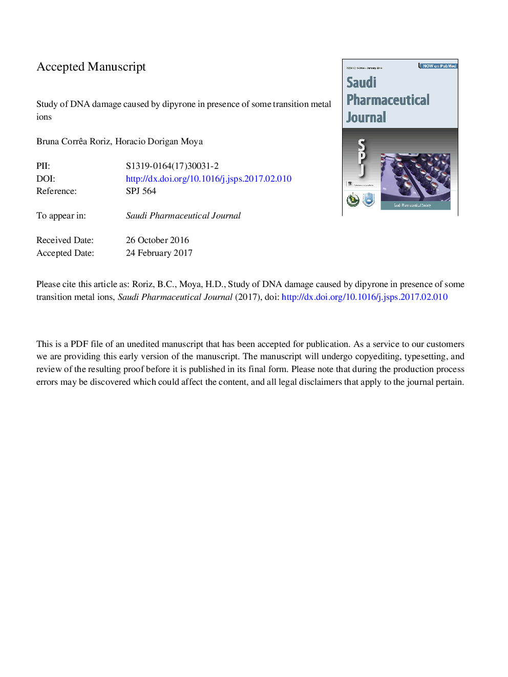 Study of DNA damage caused by dipyrone in presence of some transition metal ions