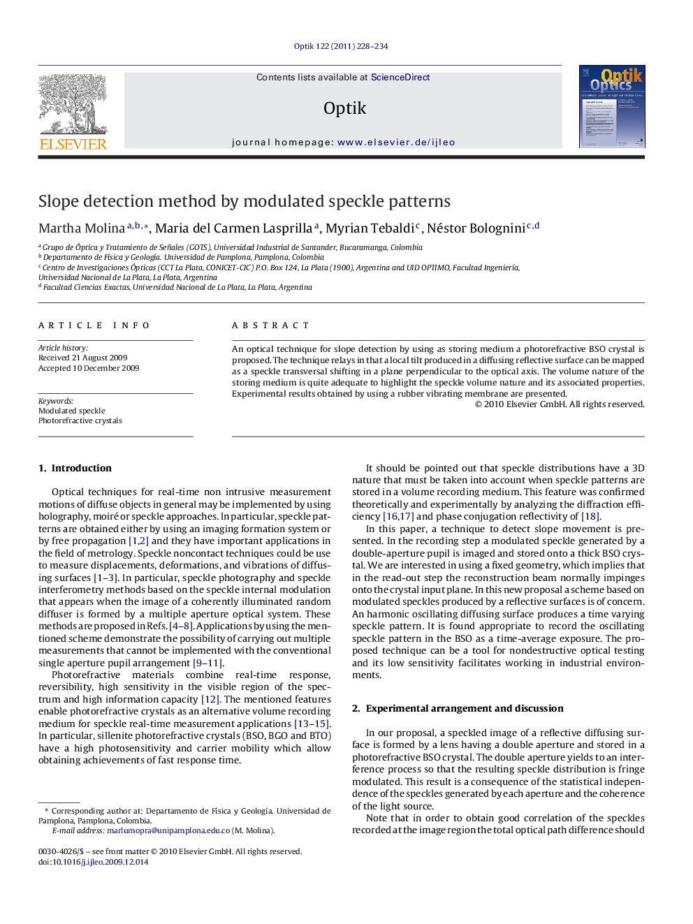 Slope detection method by modulated speckle patterns