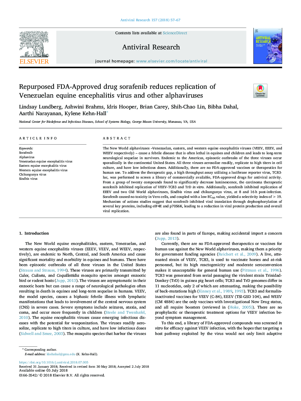 Repurposed FDA-Approved drug sorafenib reduces replication of Venezuelan equine encephalitis virus and other alphaviruses