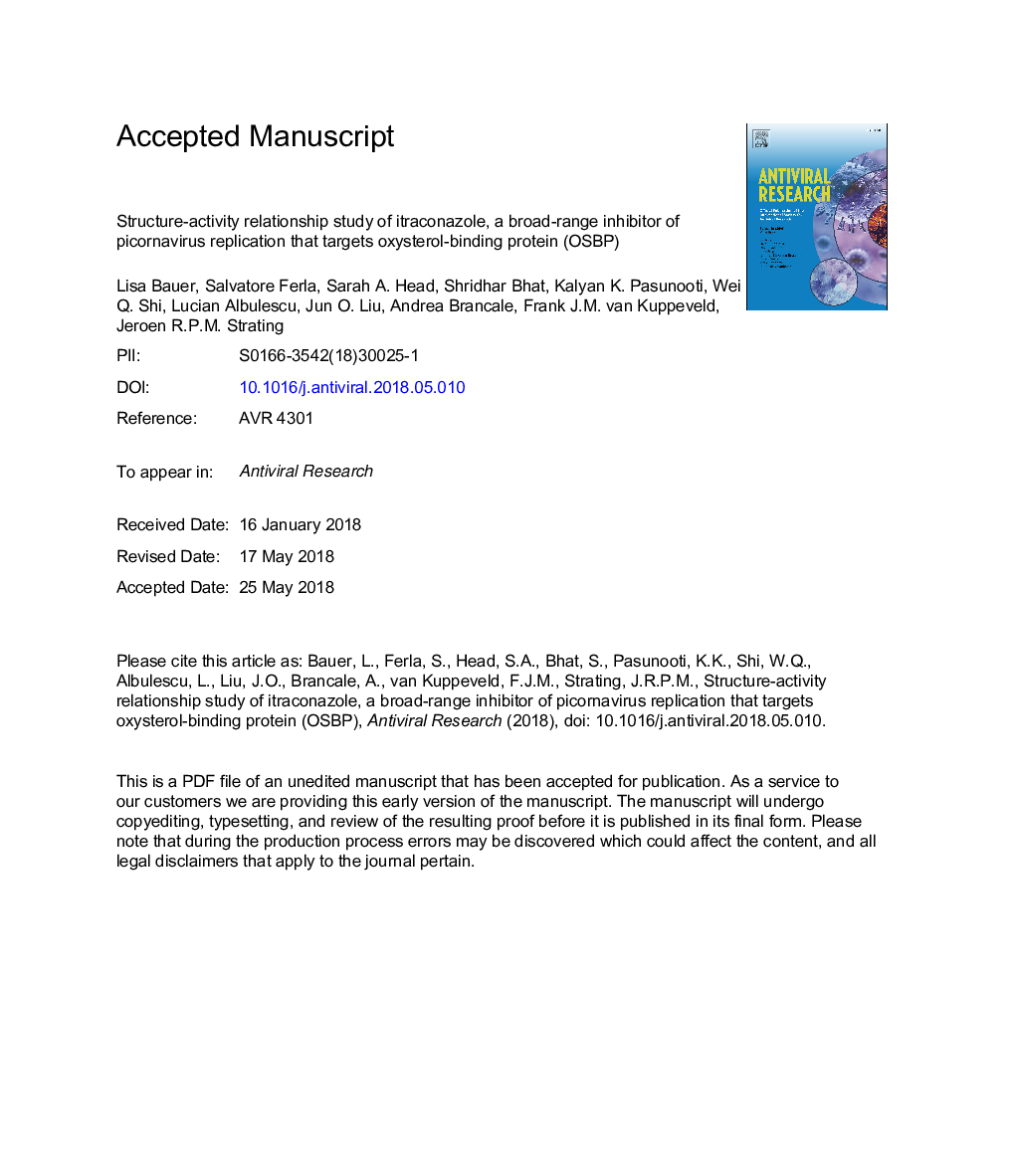 Structure-activity relationship study of itraconazole, a broad-range inhibitor of picornavirus replication that targets oxysterol-binding protein (OSBP)