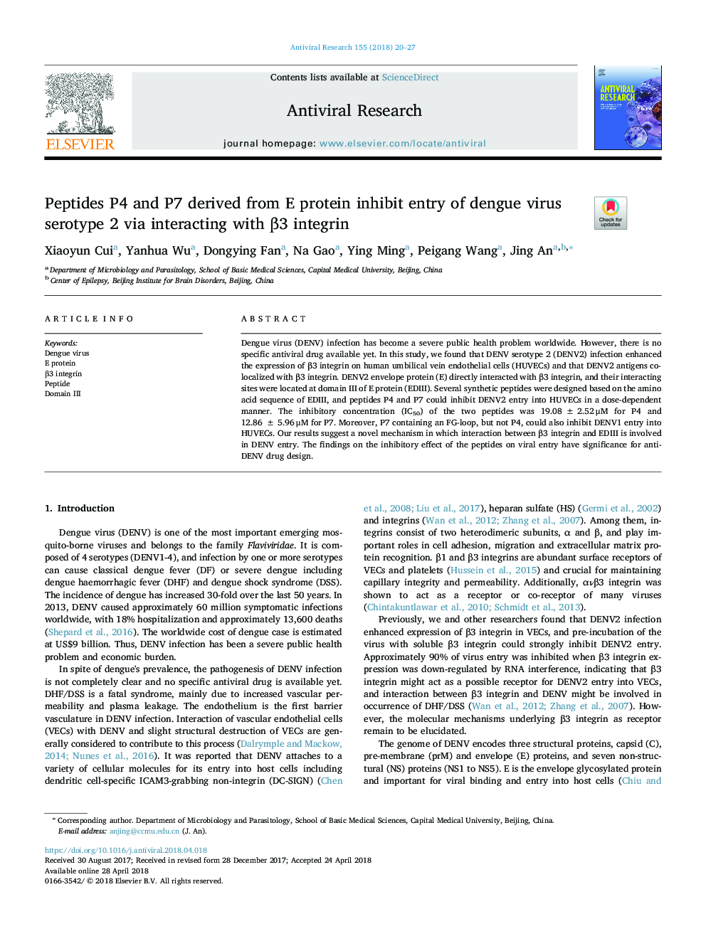 Peptides P4 and P7 derived from E protein inhibit entry of dengue virus serotype 2 via interacting with Î²3 integrin