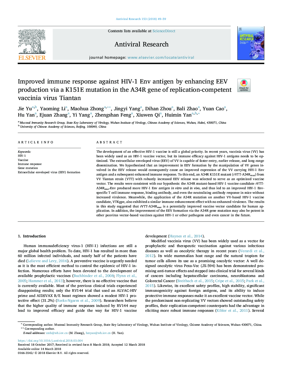 Improved immune response against HIV-1 Env antigen by enhancing EEV production via a K151E mutation in the A34R gene of replication-competent vaccinia virus Tiantan