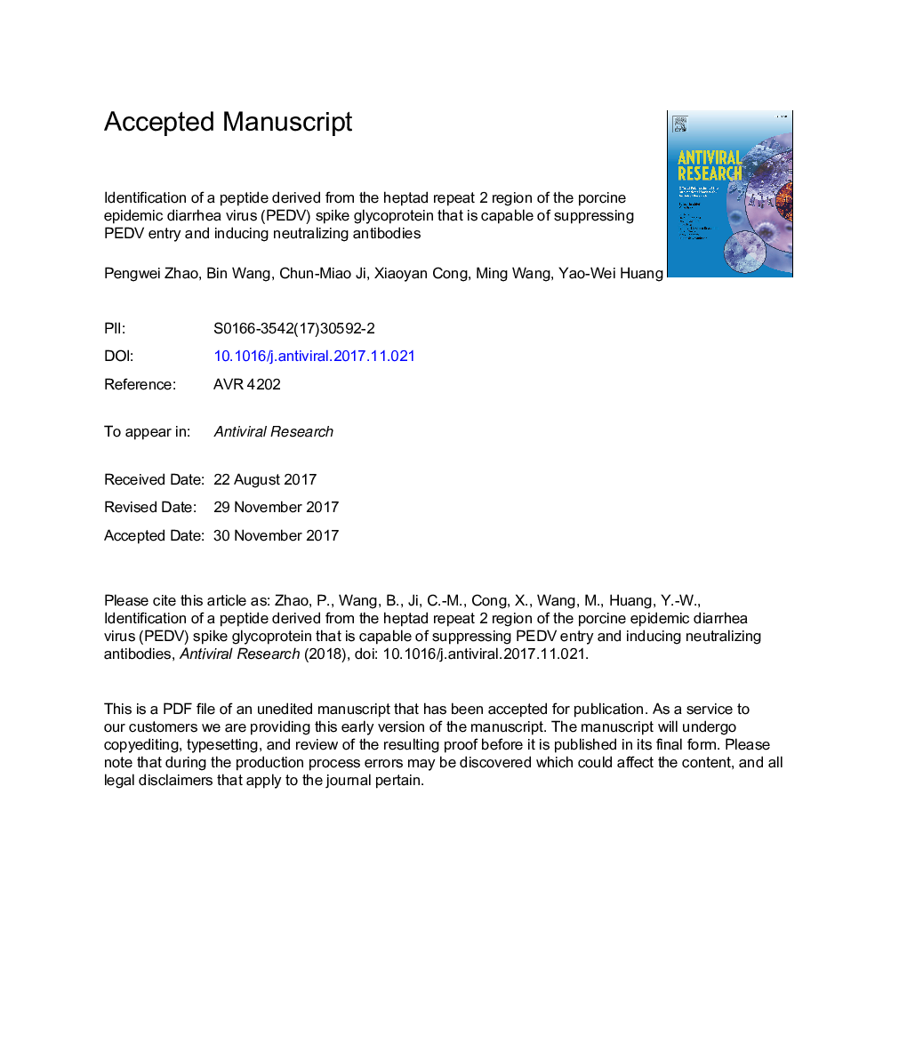 Identification of a peptide derived from the heptad repeat 2 region of the porcine epidemic diarrhea virus (PEDV) spike glycoprotein that is capable of suppressing PEDV entry and inducing neutralizing antibodies