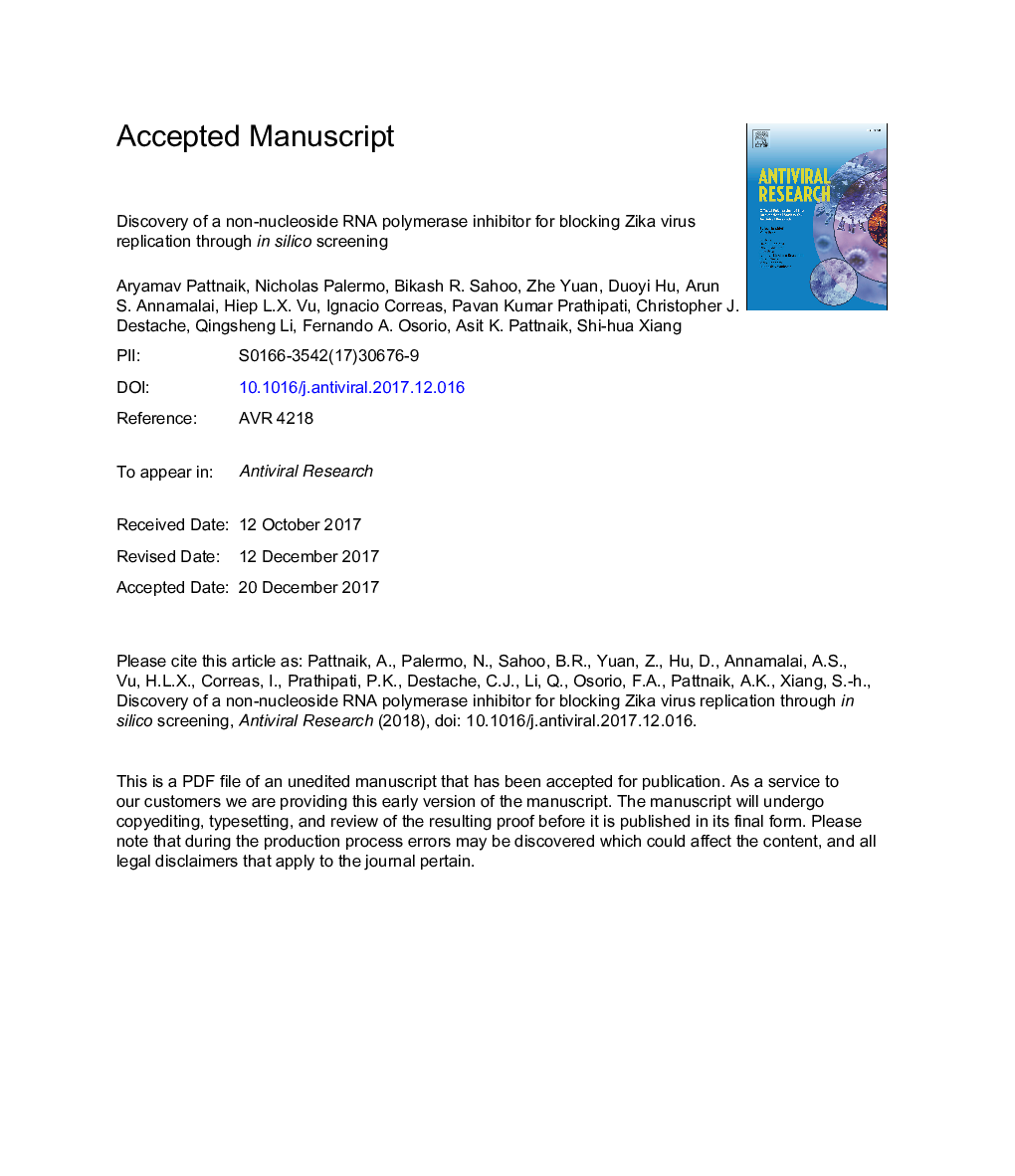 Discovery of a non-nucleoside RNA polymerase inhibitor for blocking Zika virus replication through in silico screening