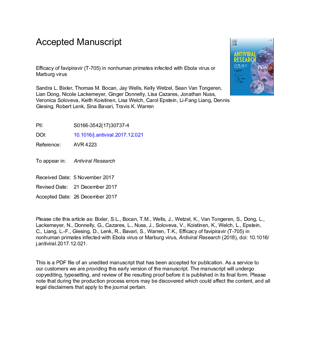 Efficacy of favipiravir (T-705) in nonhuman primates infected with Ebola virus or Marburg virus