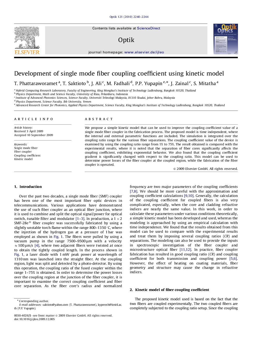 Development of single mode fiber coupling coefficient using kinetic model