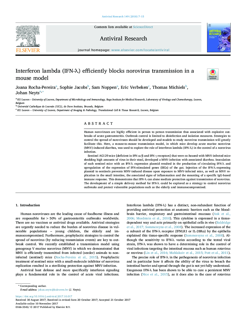 Interferon lambda (IFN-Î») efficiently blocks norovirus transmission in a mouse model