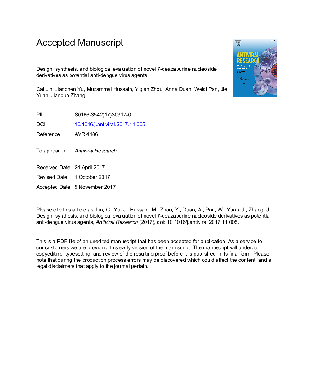 Design, synthesis, and biological evaluation of novel 7-deazapurine nucleoside derivatives as potential anti-dengue virus agents