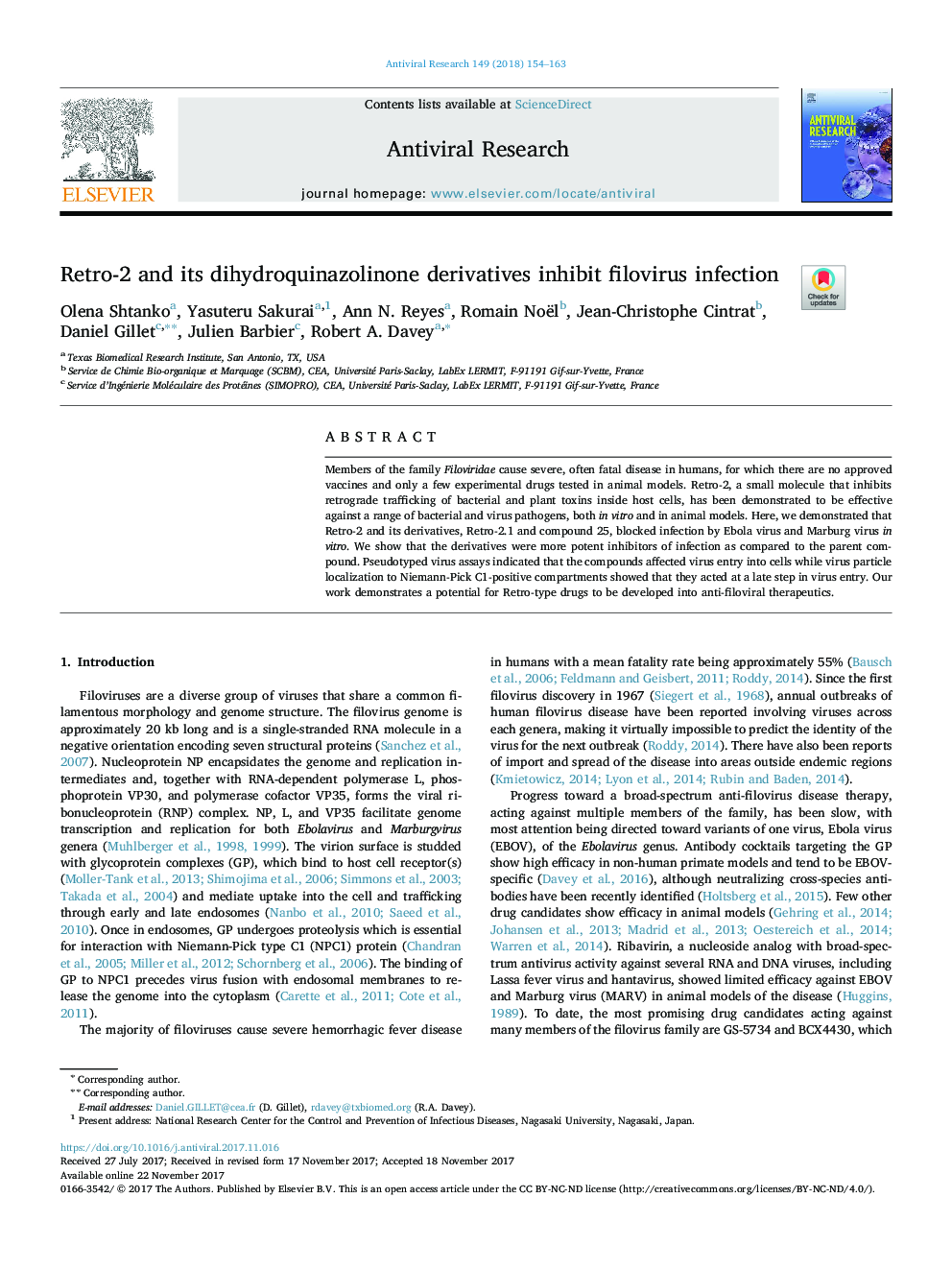 Retro-2 and its dihydroquinazolinone derivatives inhibit filovirus infection
