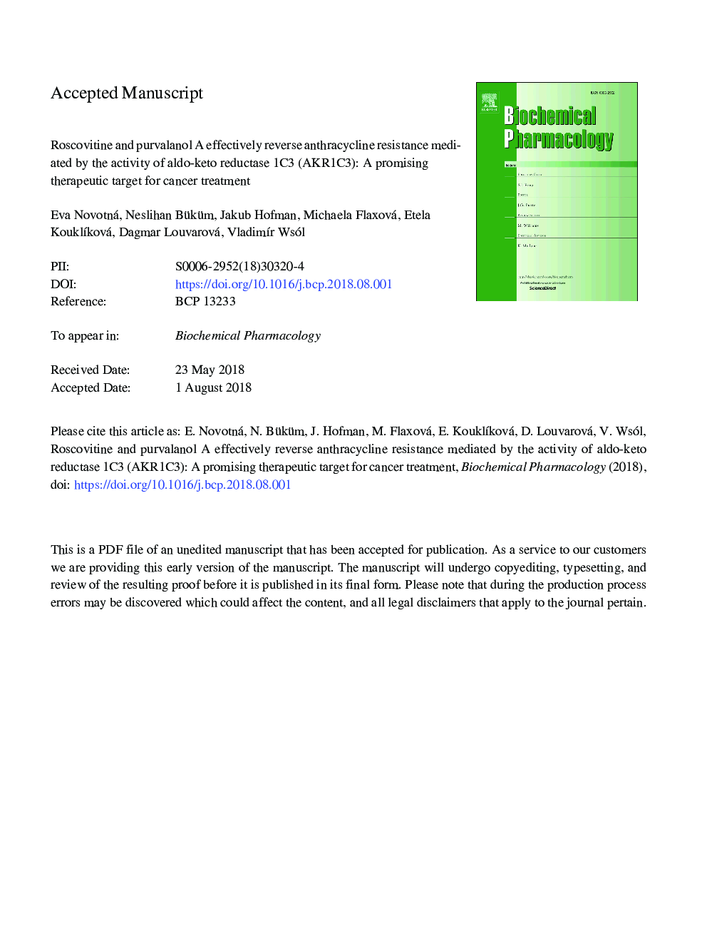 Roscovitine and purvalanol A effectively reverse anthracycline resistance mediated by the activity of aldo-keto reductase 1C3 (AKR1C3): A promising therapeutic target for cancer treatment