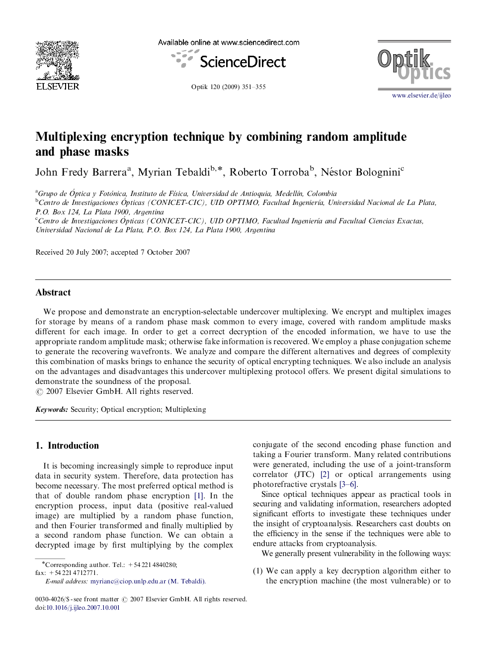 Multiplexing encryption technique by combining random amplitude and phase masks