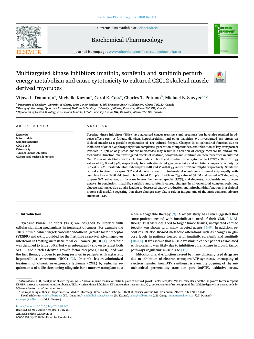 Multitargeted kinase inhibitors imatinib, sorafenib and sunitinib perturb energy metabolism and cause cytotoxicity to cultured C2C12 skeletal muscle derived myotubes