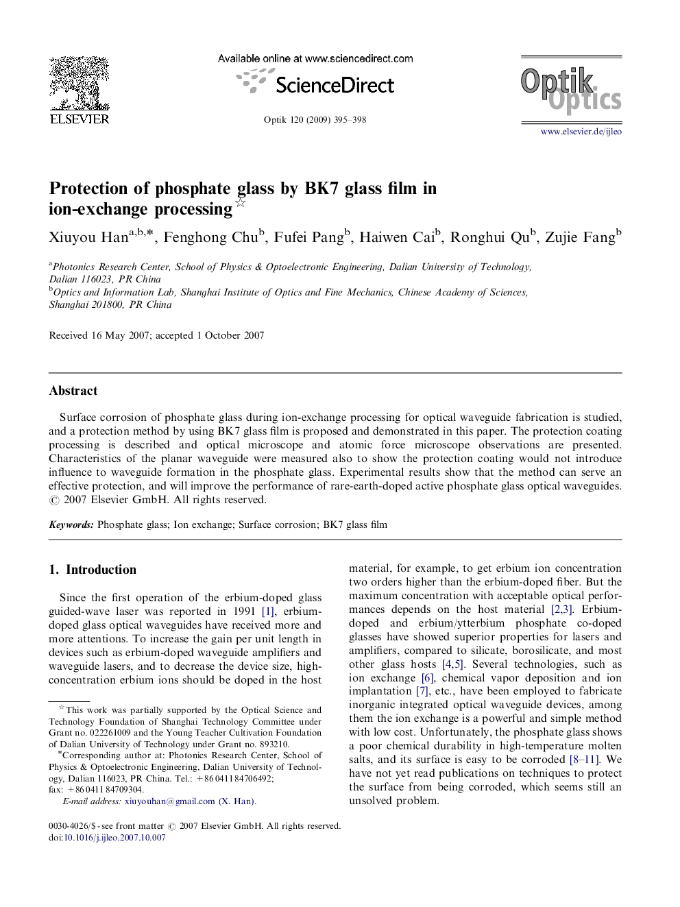 Protection of phosphate glass by BK7 glass film in ion-exchange processing 