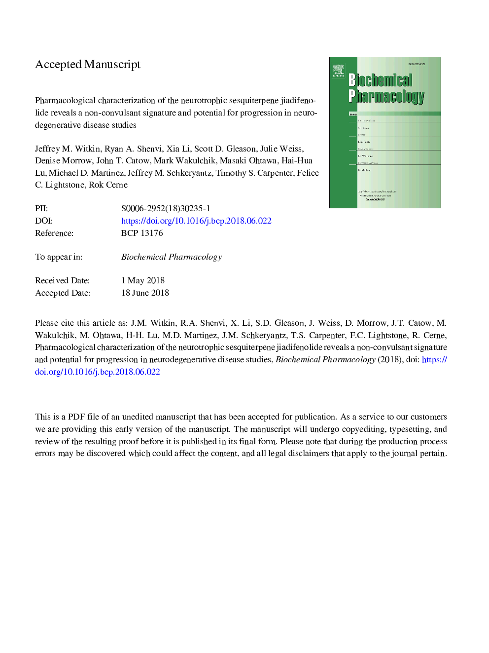 Pharmacological characterization of the neurotrophic sesquiterpene jiadifenolide reveals a non-convulsant signature and potential for progression in neurodegenerative disease studies