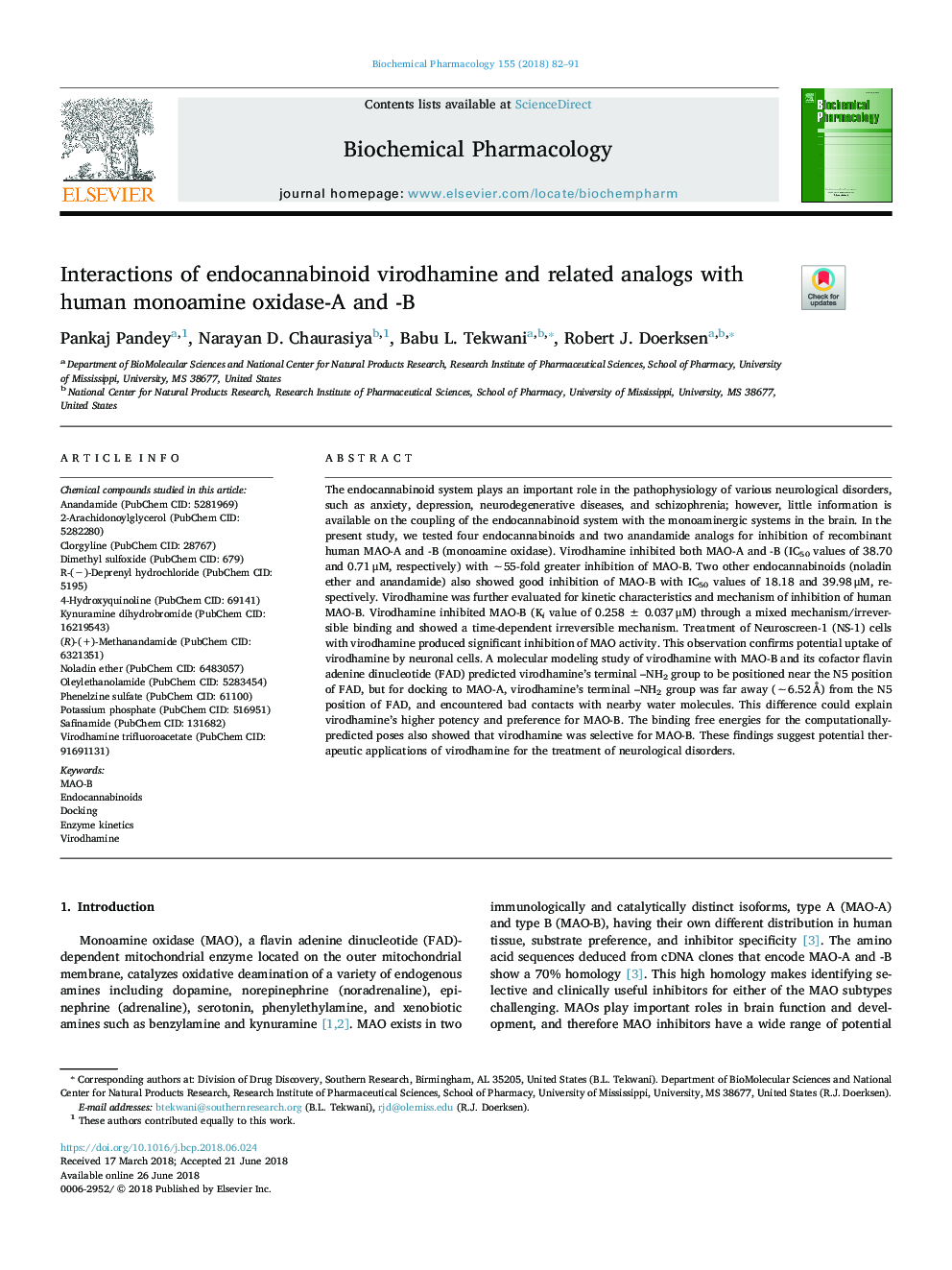 Interactions of endocannabinoid virodhamine and related analogs with human monoamine oxidase-A and -B