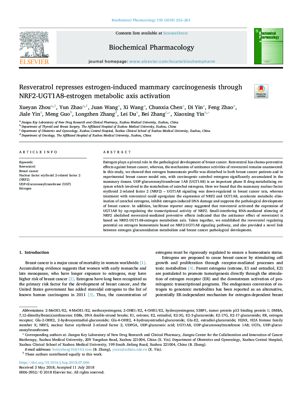 Resveratrol represses estrogen-induced mammary carcinogenesis through NRF2-UGT1A8-estrogen metabolic axis activation