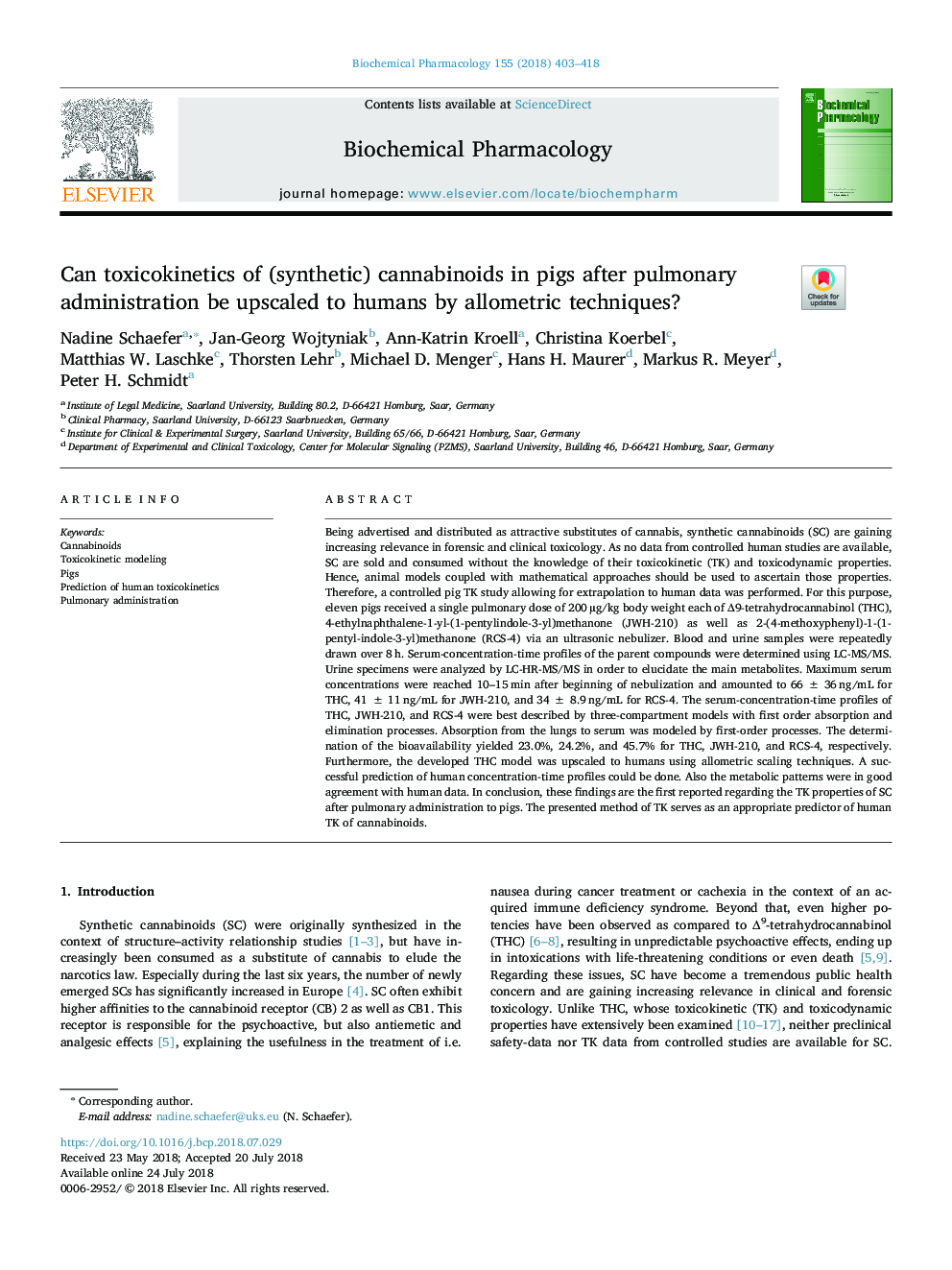 Can toxicokinetics of (synthetic) cannabinoids in pigs after pulmonary administration be upscaled to humans by allometric techniques?