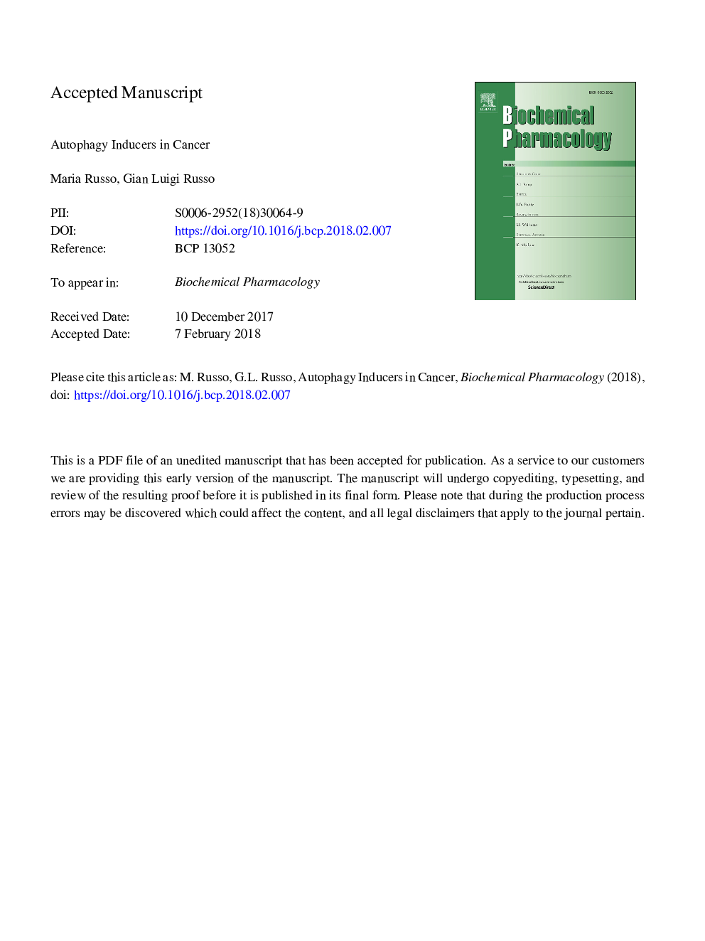 Autophagy inducers in cancer