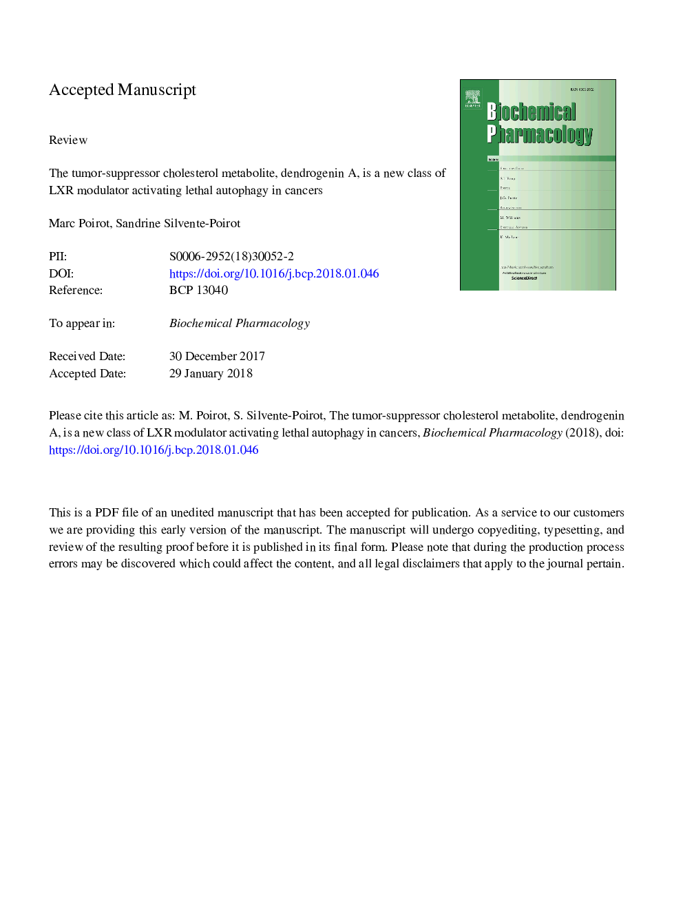 The tumor-suppressor cholesterol metabolite, dendrogenin A, is a new class of LXR modulator activating lethal autophagy in cancers