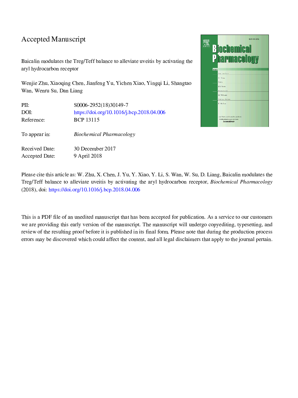 Baicalin modulates the Treg/Teff balance to alleviate uveitis by activating the aryl hydrocarbon receptor