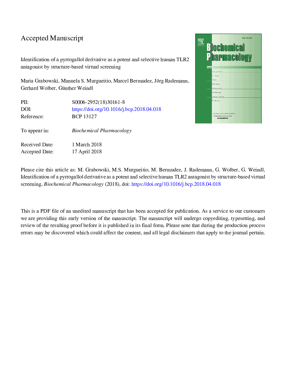 Identification of a pyrogallol derivative as a potent and selective human TLR2 antagonist by structure-based virtual screening