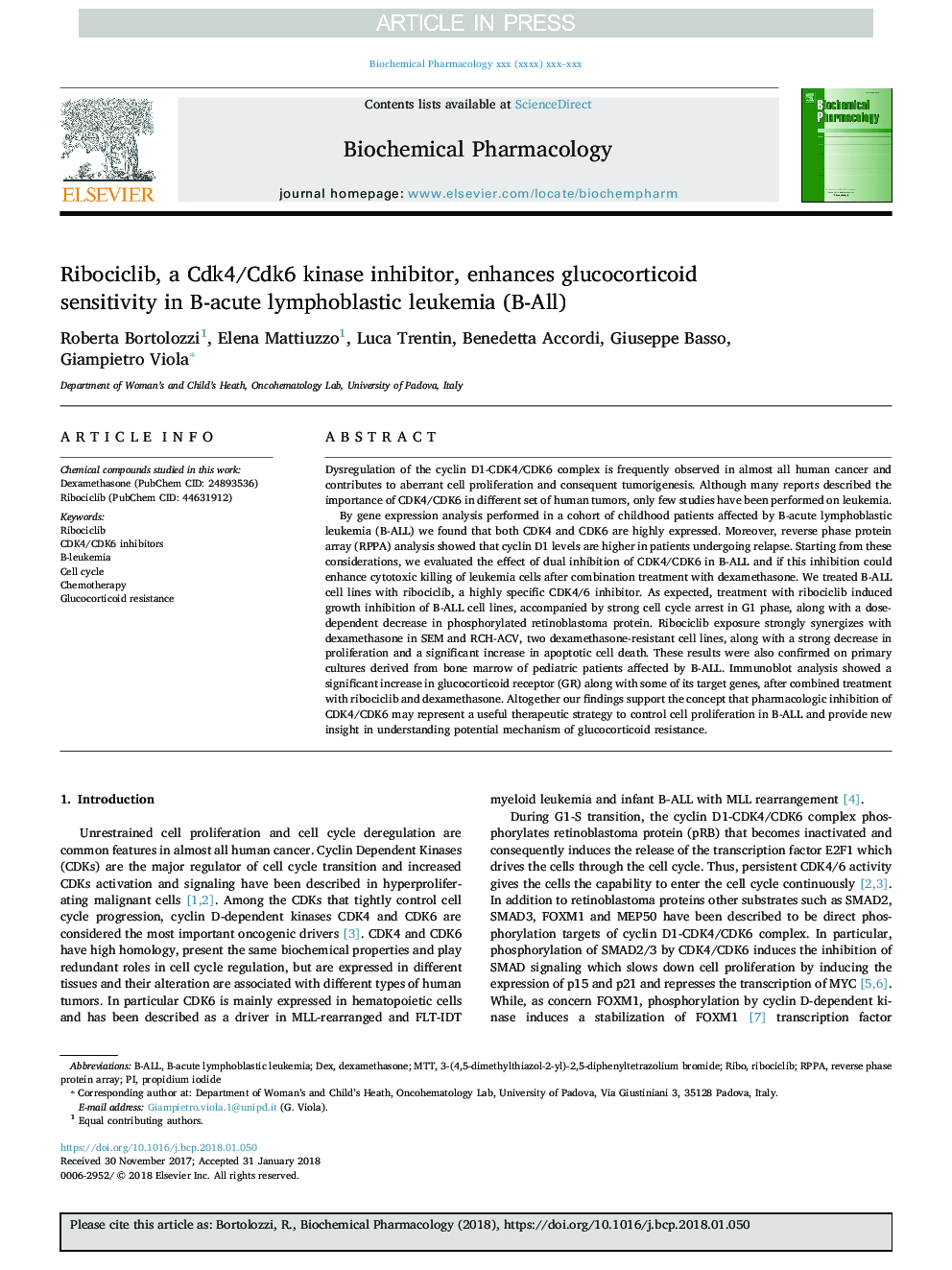 Ribociclib, a Cdk4/Cdk6 kinase inhibitor, enhances glucocorticoid sensitivity in B-acute lymphoblastic leukemia (B-All)