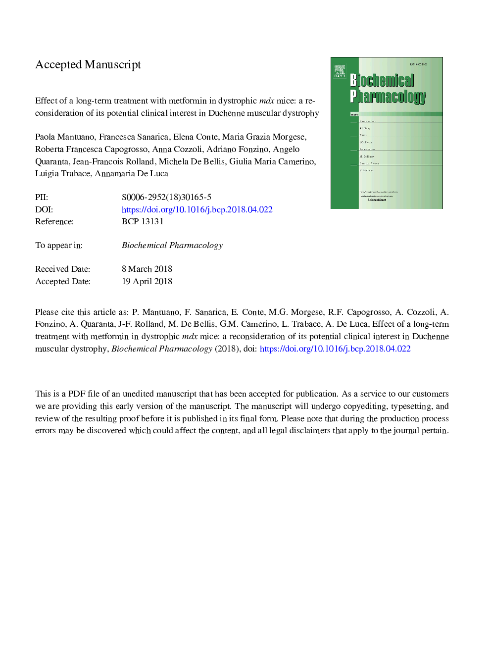 Effect of a long-term treatment with metformin in dystrophic mdx mice: A reconsideration of its potential clinical interest in Duchenne muscular dystrophy