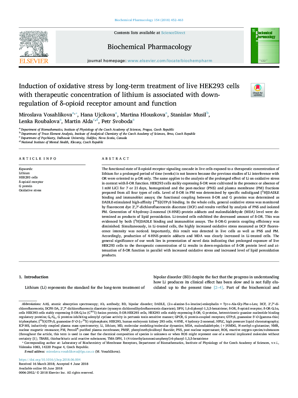 Induction of oxidative stress by long-term treatment of live HEK293 cells with therapeutic concentration of lithium is associated with down-regulation of Î´-opioid receptor amount and function