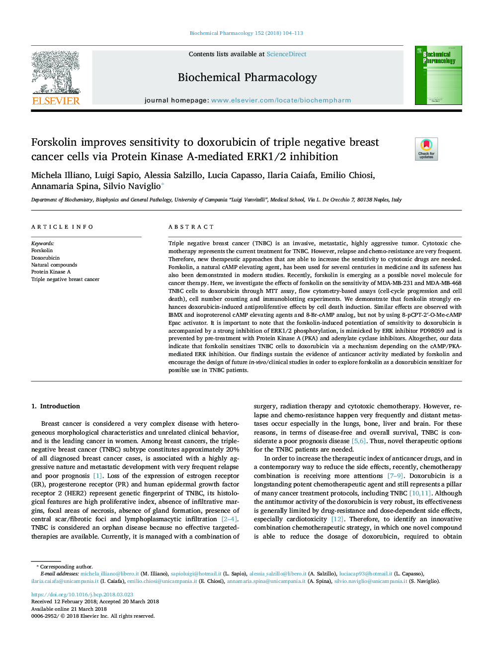 Forskolin improves sensitivity to doxorubicin of triple negative breast cancer cells via Protein Kinase A-mediated ERK1/2 inhibition