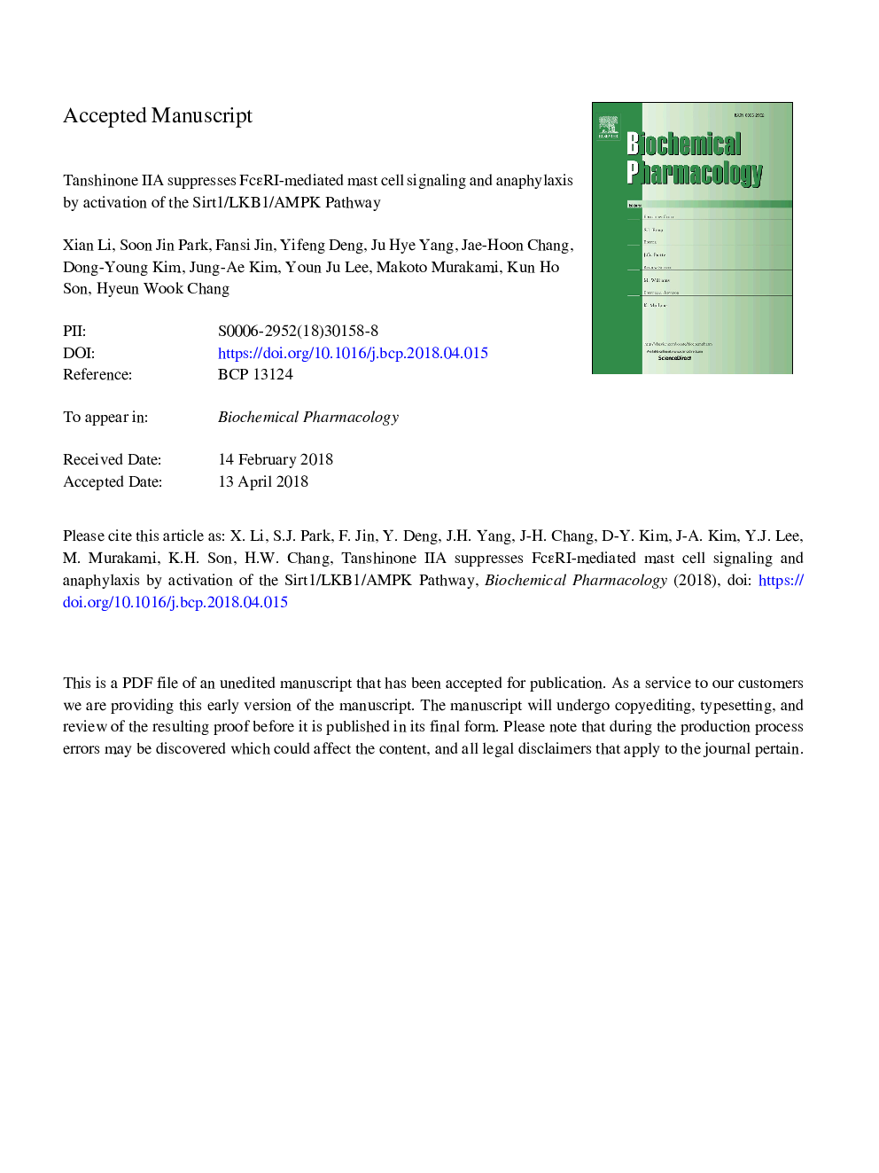 Tanshinone IIA suppresses FcÎµRI-mediated mast cell signaling and anaphylaxis by activation of the Sirt1/LKB1/AMPK pathway