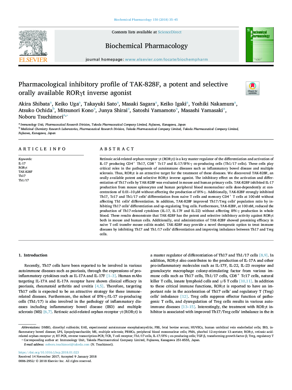 Pharmacological inhibitory profile of TAK-828F, a potent and selective orally available RORÎ³t inverse agonist