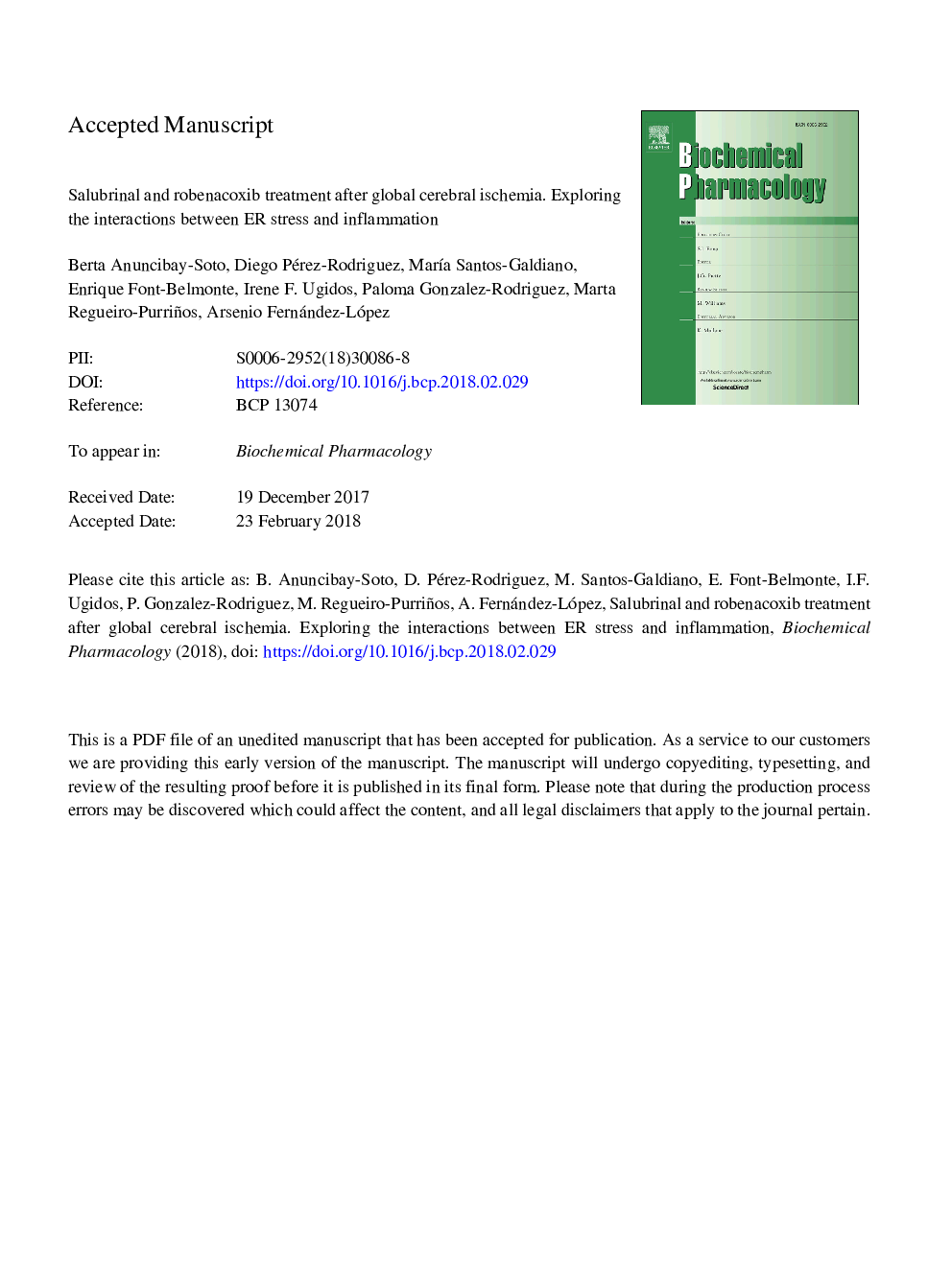 Salubrinal and robenacoxib treatment after global cerebral ischemia. Exploring the interactions between ER stress and inflammation