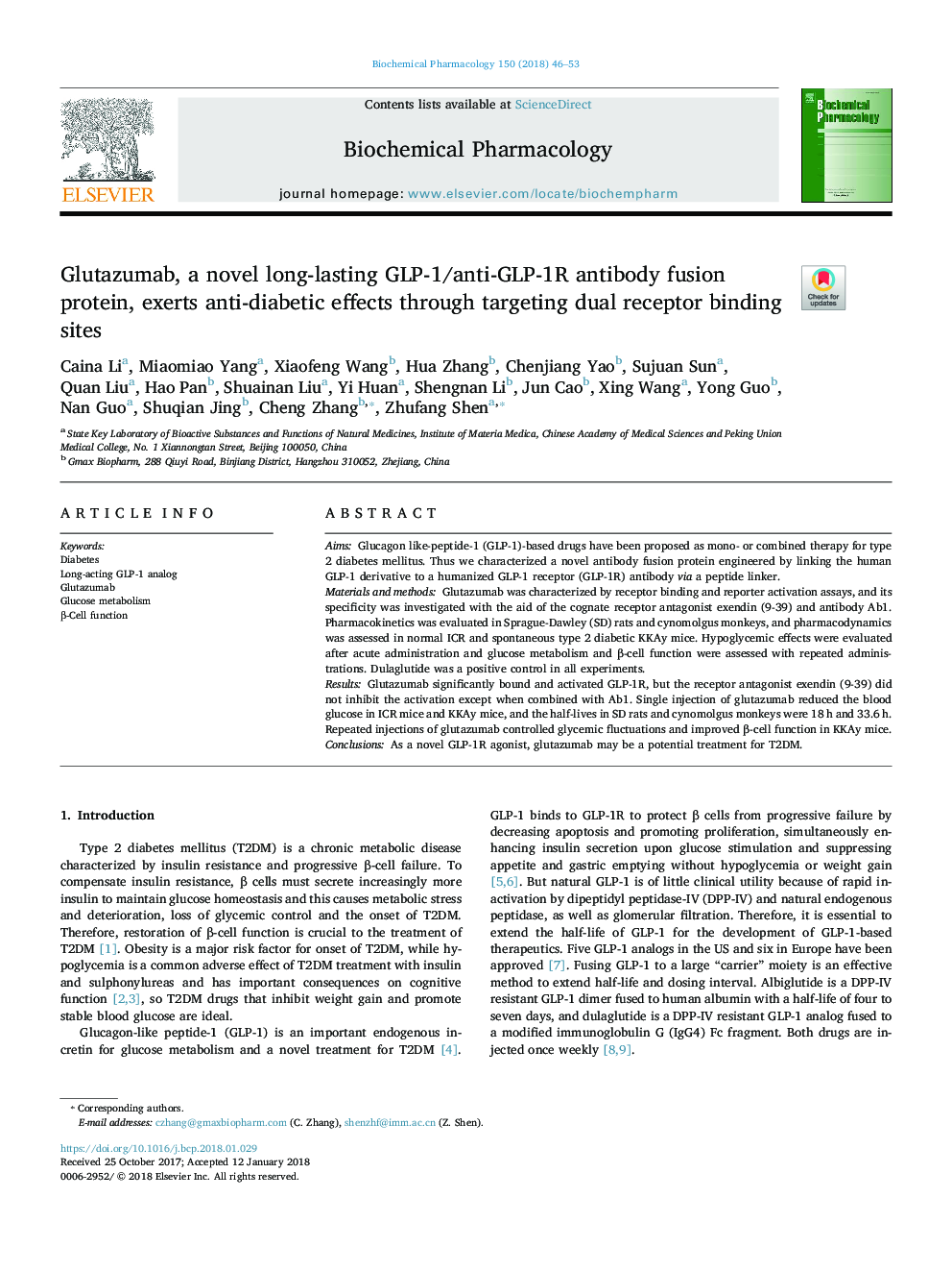 Glutazumab, a novel long-lasting GLP-1/anti-GLP-1R antibody fusion protein, exerts anti-diabetic effects through targeting dual receptor binding sites