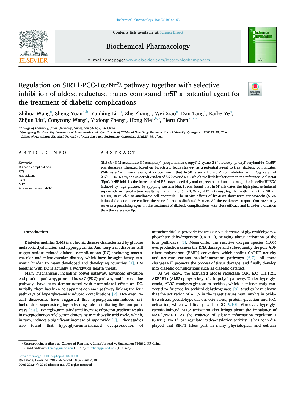 Regulation on SIRT1-PGC-1Î±/Nrf2 pathway together with selective inhibition of aldose reductase makes compound hr5F a potential agent for the treatment of diabetic complications