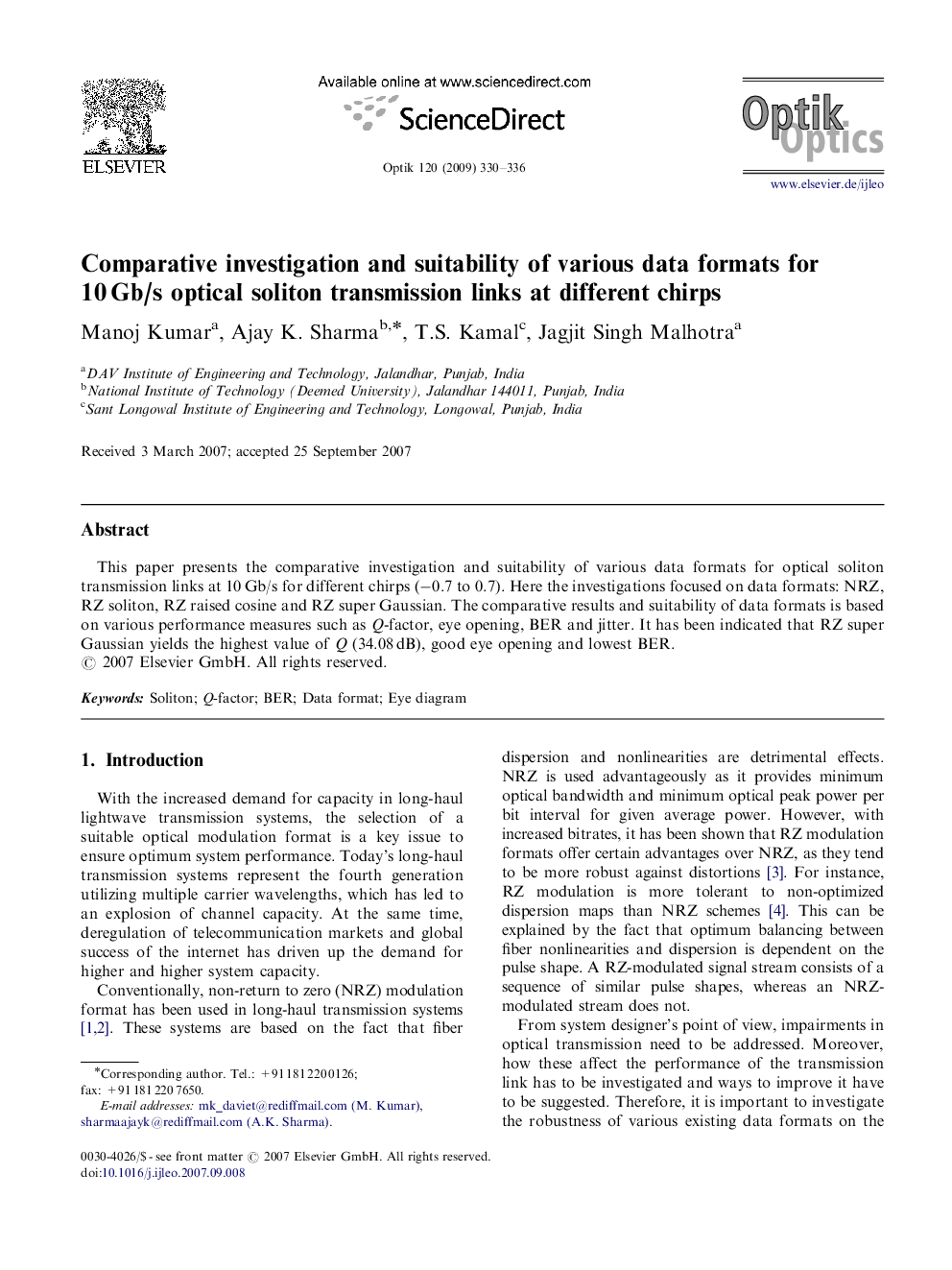 Comparative investigation and suitability of various data formats for 10 Gb/s optical soliton transmission links at different chirps