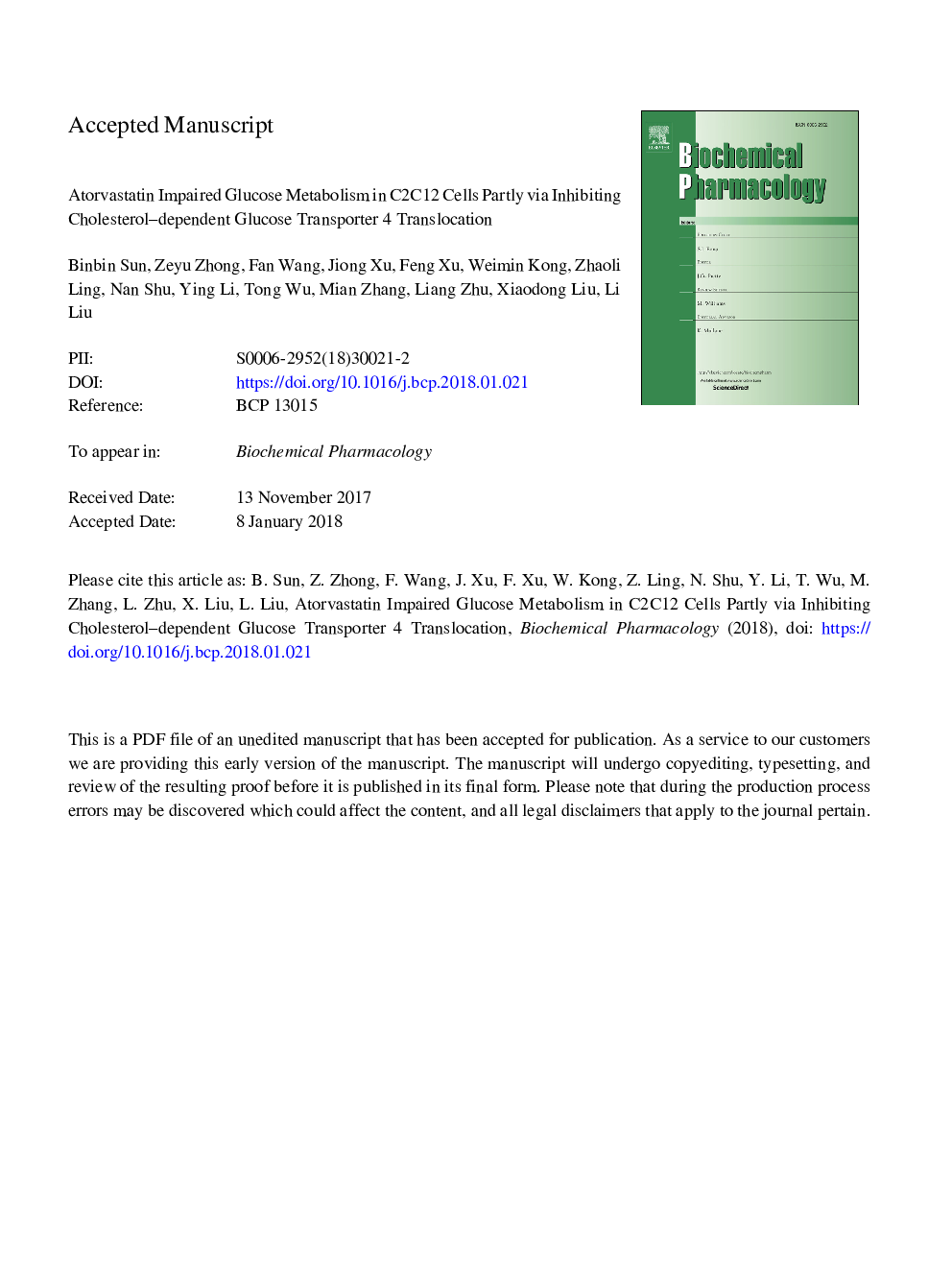 Atorvastatin impaired glucose metabolism in C2C12 cells partly via inhibiting cholesterol-dependent glucose transporter 4 translocation