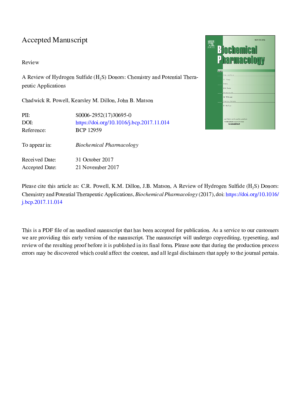 A review of hydrogen sulfide (H2S) donors: Chemistry and potential therapeutic applications