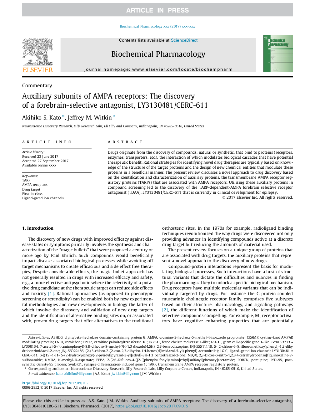 Auxiliary subunits of AMPA receptors: The discovery of a forebrain-selective antagonist, LY3130481/CERC-611