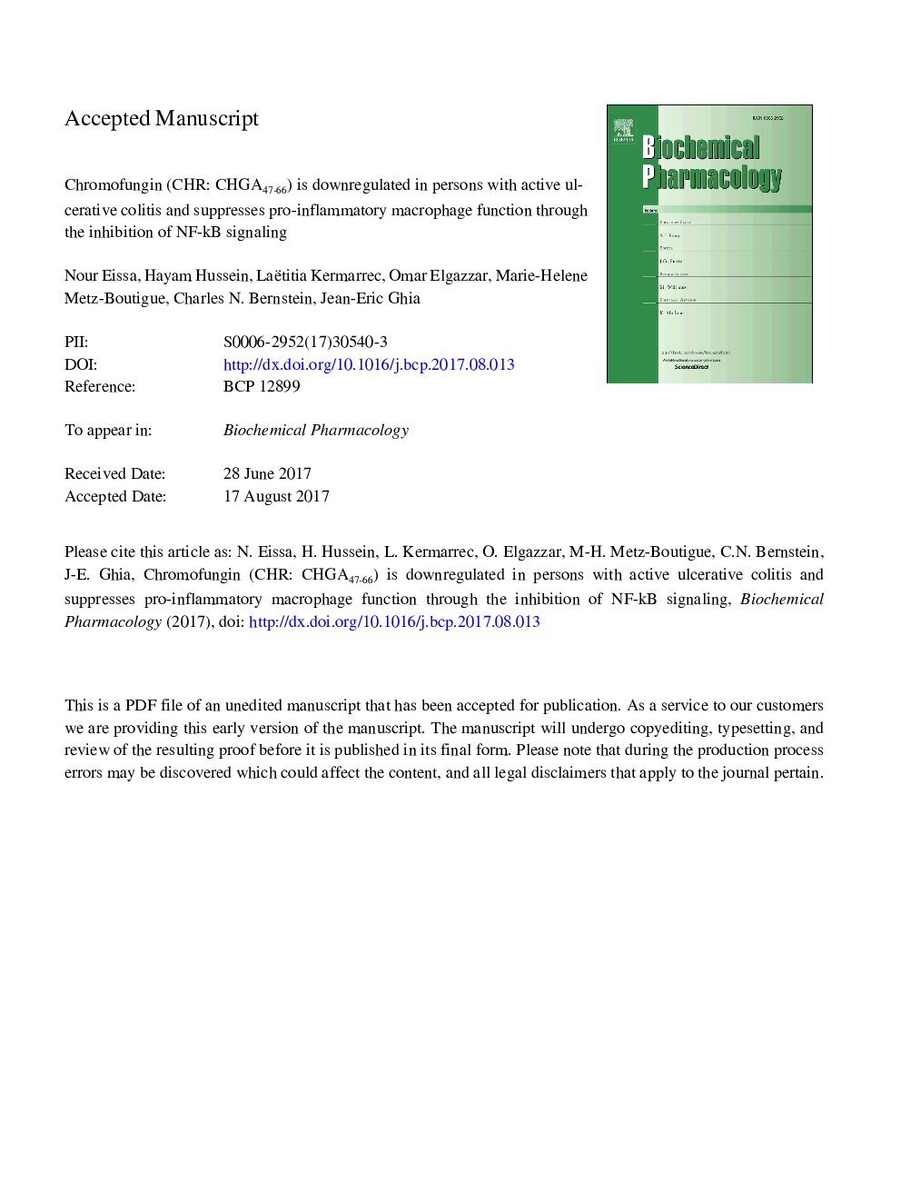 Chromofungin (CHR: CHGA47-66) is downregulated in persons with active ulcerative colitis and suppresses pro-inflammatory macrophage function through the inhibition of NF-ÎºB signaling