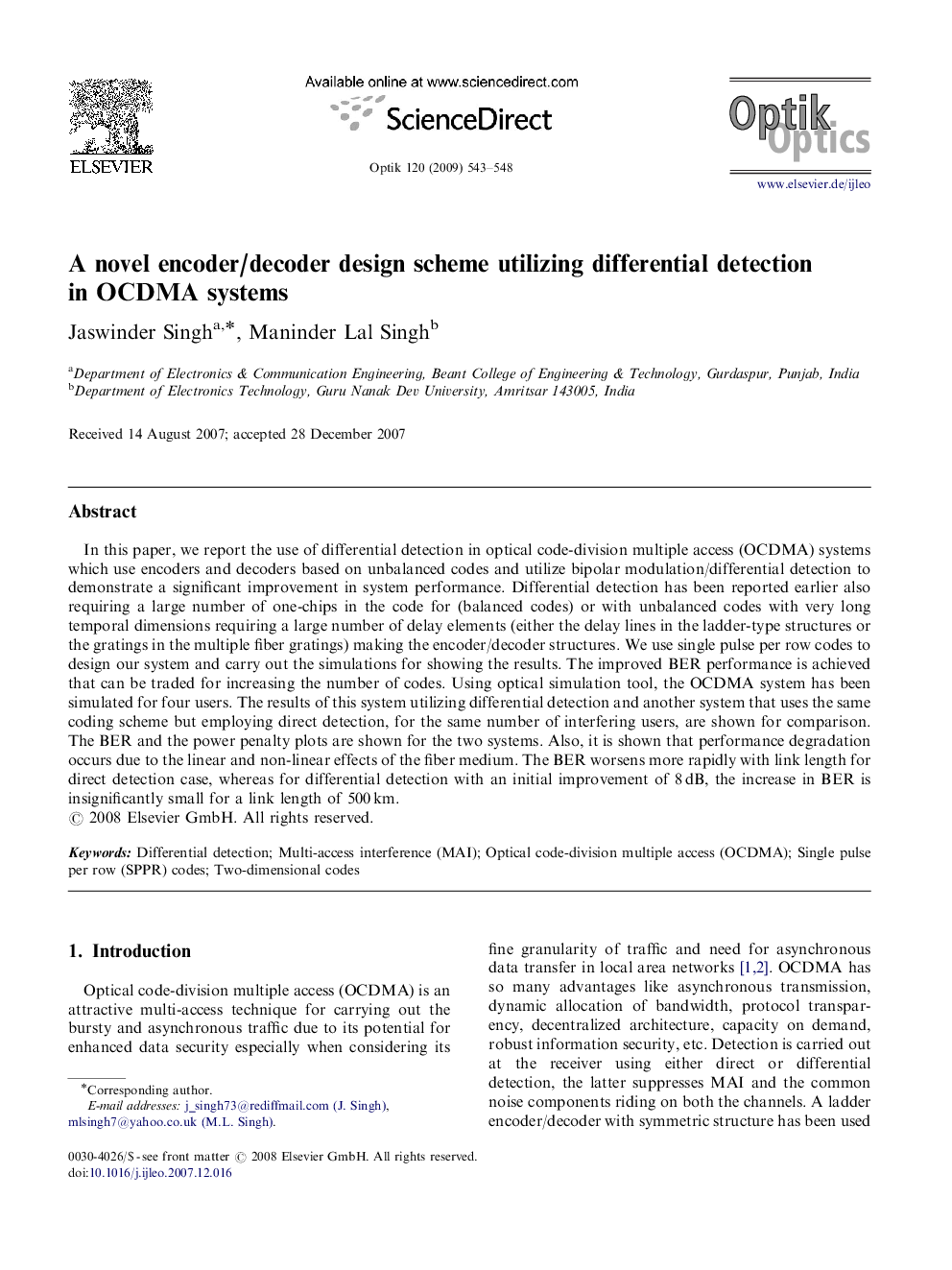 A novel encoder/decoder design scheme utilizing differential detection in OCDMA systems