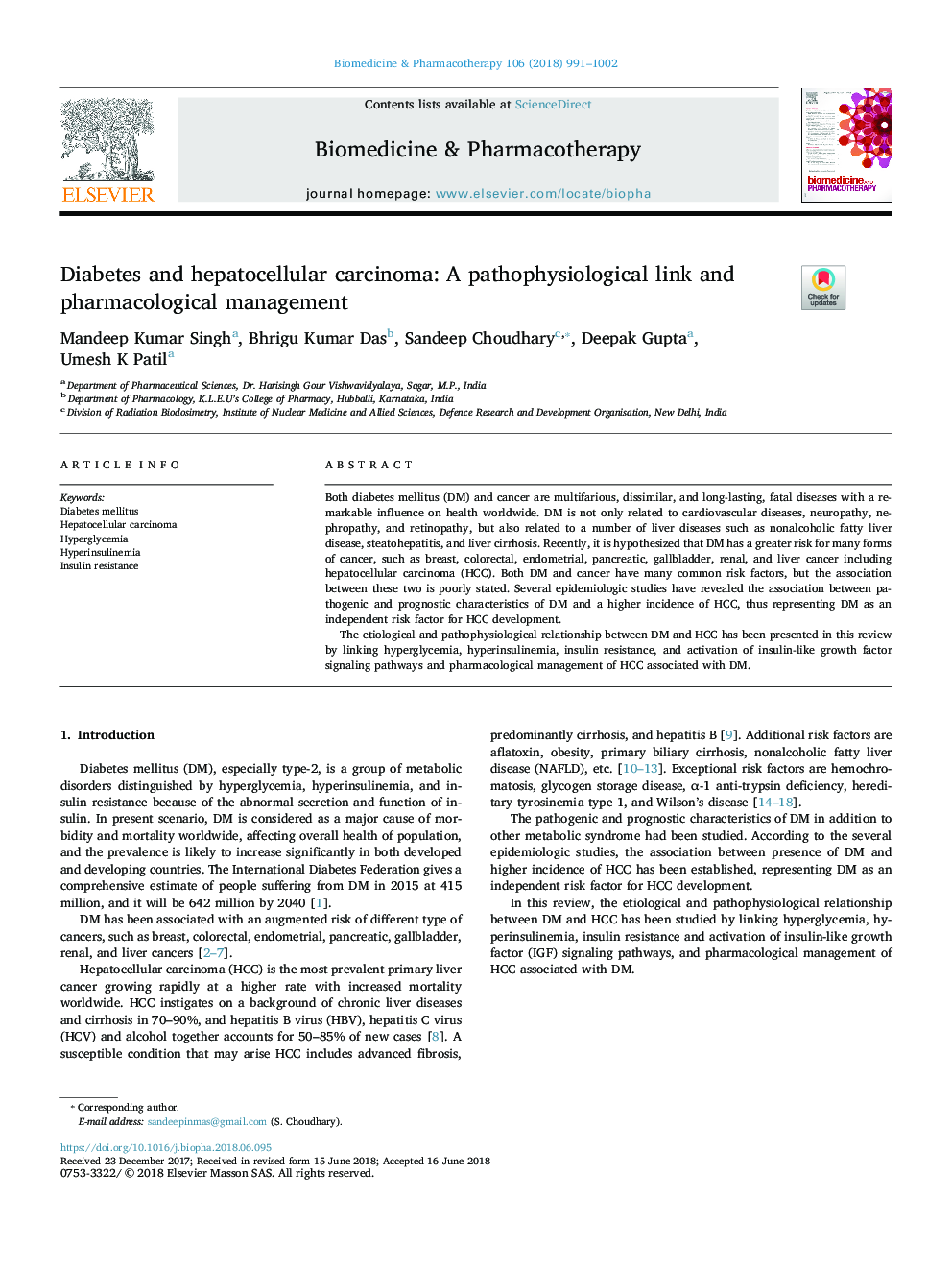 Diabetes and hepatocellular carcinoma: A pathophysiological link and pharmacological management