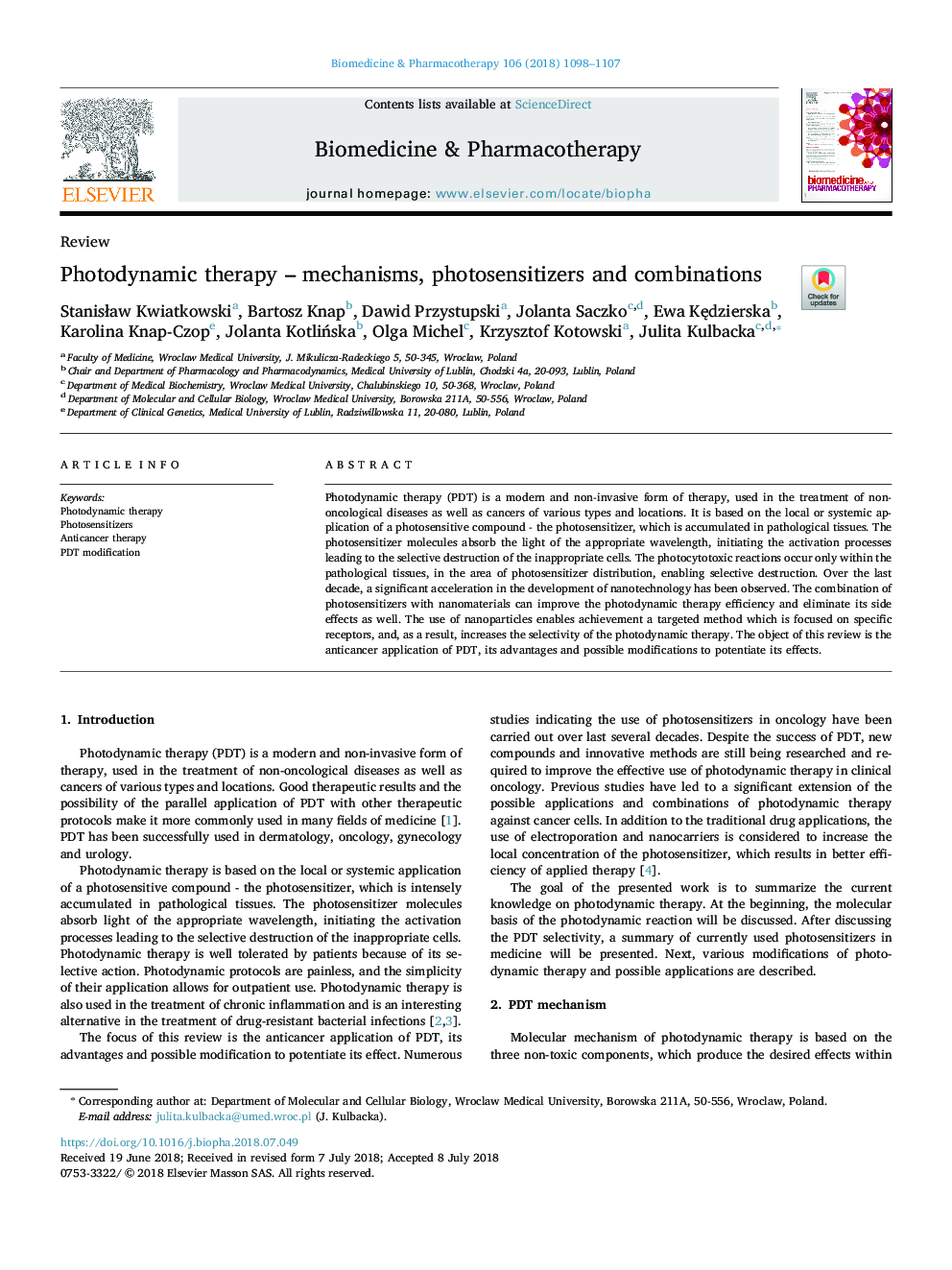 Photodynamic therapy - mechanisms, photosensitizers and combinations